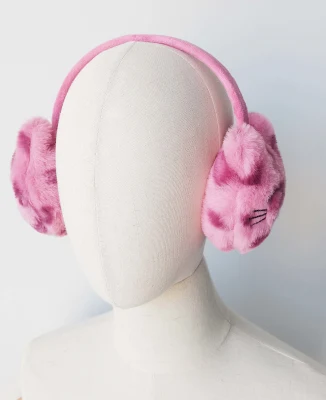 Bordado de pele de leopardo rosa com decoração de gato protetor de orelha flexível retrátil
